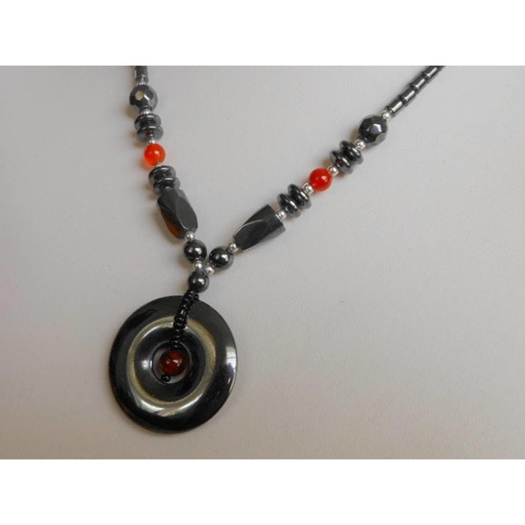 Vintage Hematite & Red Jasper Necklace Donut Pendant 18" - Picture 6 of 8